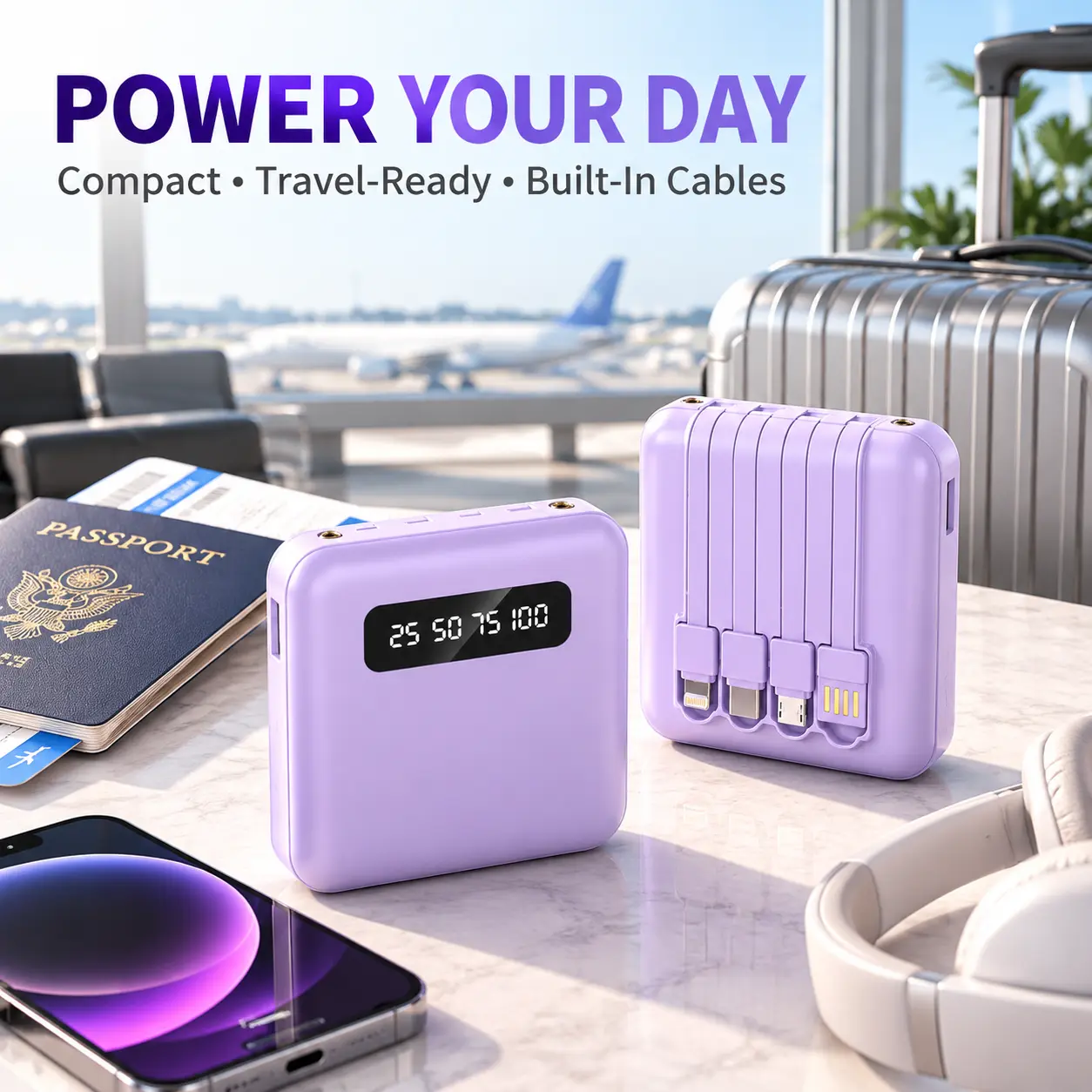20000mAh Portable Power Bank with 4 Built-In Charging Cables, Digital Battery Display, USB Output, Compact External Battery Pack for iPhone, Android and USB-C Devices
