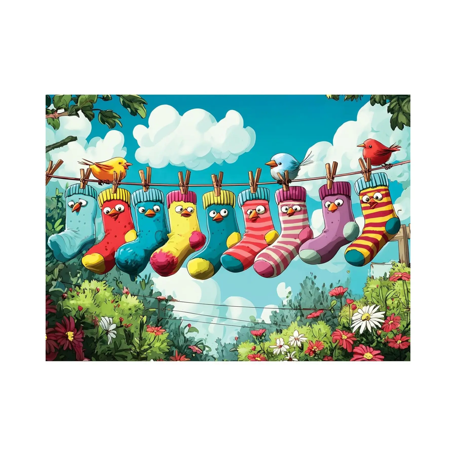 300 Piece Puzzles for Adults, Colorful Hanging Socks & Bird Garden Jigsaw Puzzle, Whimsical Outdoor Scene 300 Piece Puzzle, Fun Family Activity, Stress Relief Gift for Adults & Seniors
