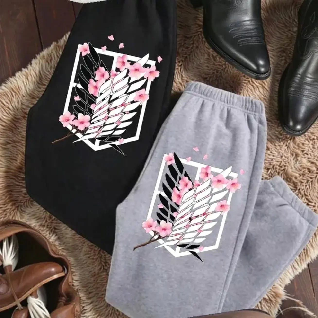 Anime Wings Cherry Blossom Sweatpants – Japanese Aesthetic Graphic Pants – Streetwear Unisex Lounge Pants