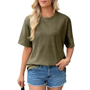 Shewin 2026 Summer Women's Basic Oversized Short Sleeve T-Shirt - Round Neck Washed Tunic Top, Solid Color Casual Tee for Daily Wear