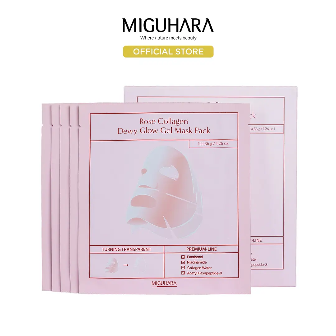 MIGUHARA Rose Collagen Dewy Glow Gel Mask Pack, Hydrogel Face Mask with Collagen Water and Niacinamide, 5 Sheets, 36g Each