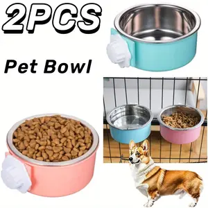 2PCS Stainless Steel Hanging Pet Feeding Bowl, Pet Cage Feeding Bowl, Detachable Pet Nest Hanging Water Feeding Bowl, Easy To Install,Non-slip, Suitable for Puppies, Cats, Rabbits, Birds