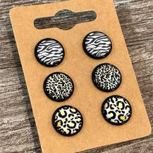 Women's Leopard Print Stud Earrings Set 12mm - Black and White Zebra & Leopard Cabochon Earrings with Soft Clear Backs, Lightweight Design