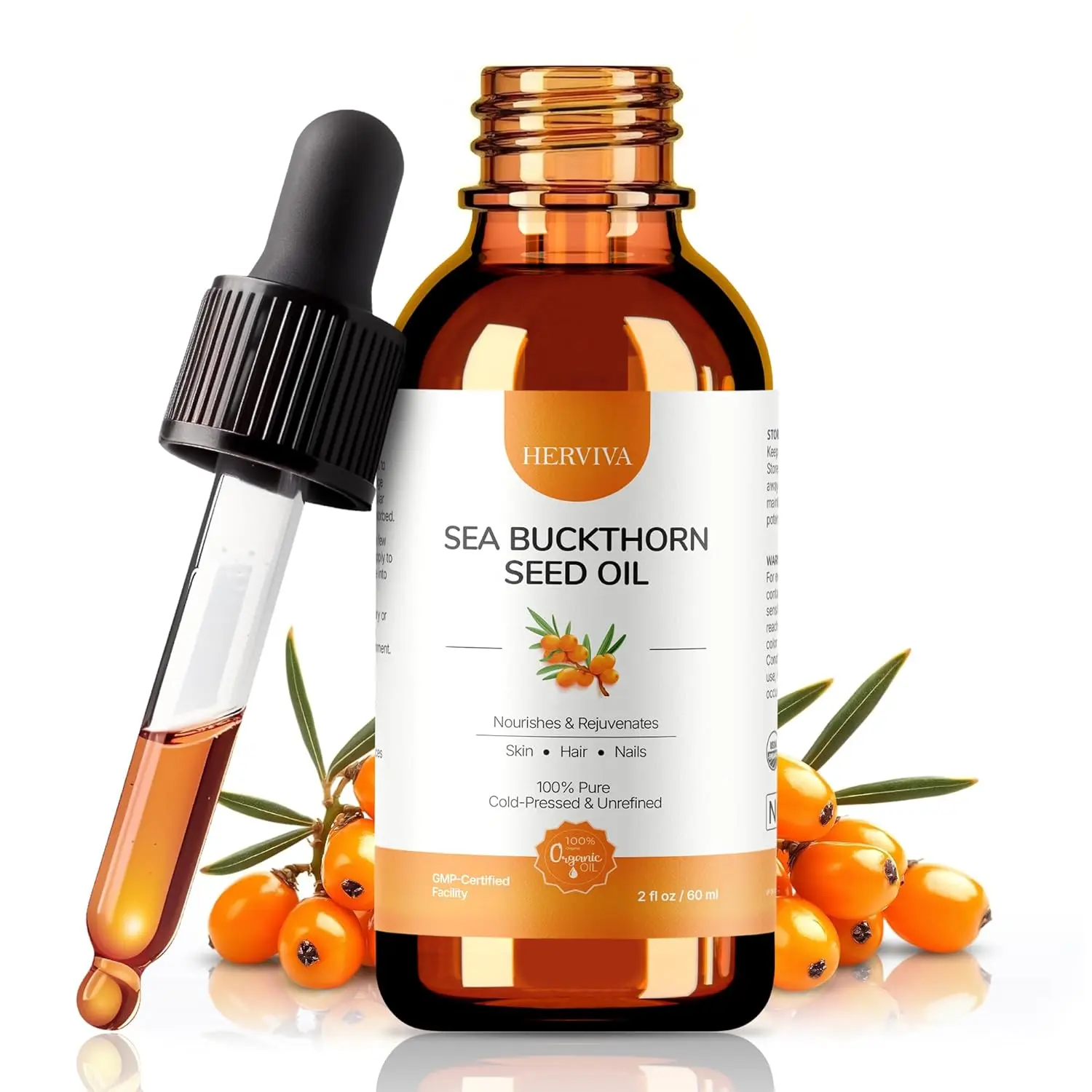 Sea Buckthorn Seed Oil, Cold-Pressed Oil, 2 fl oz / 60ml, Pure Omega-Rich Oil for Face, Hair, Skin, and Nails, Supports Hydration & Radiant-Looking Glow