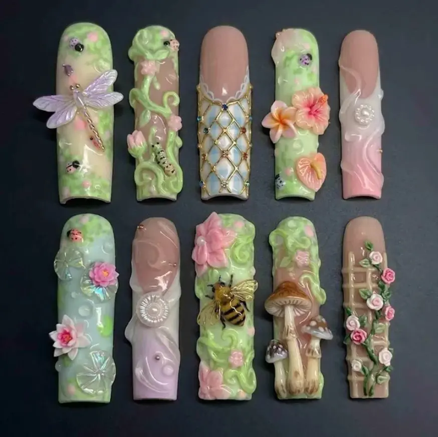 Fairy Garden Press On Nails Handmade Dragonfly, Bee, Mushroom, Lily & Flower Charms Nail Set Gif For Her