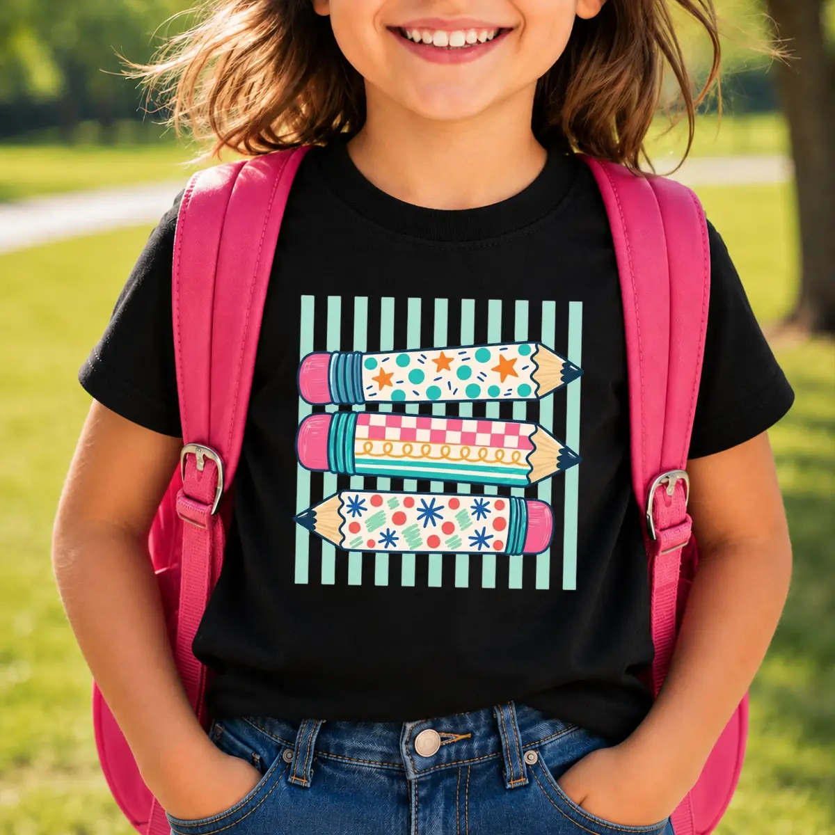 Youth & Adult Colorful Pencil T-Shirt, Cute School Supplies Graphic Tee, Retro Pencil Classroom Shirt, Front Graphic Print Tee, Back To School Outfit Gift For Students, Teachers, Boys, Girls And Kids