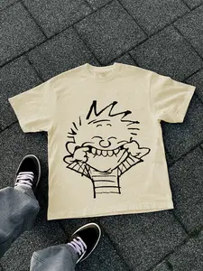 Unisex Loose Short Sleeve T-Shirt, Quirky Pulling Cheeks Cartoon Character Design, Soft Fabric for Street Style, Streetwear and Lounge Wear