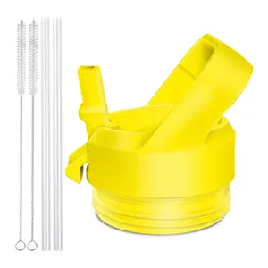 Replacement Straw Lid for Wide Mouth Water Bottles, Leak Proof Sports Cap with Handle (Yellow) Kit includes 1 Lid, 2 Reusable Straws, and 2 Cleaning Brushes