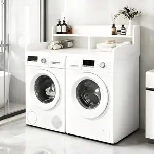 2-Tier Washer and Dryer Countertop with 2-Tier Shelf 54" W x 27.5" D Non-Slip Pad Large Space Laundry Topper for Folding Clothes Over Washer Pure Wood Color Maximized Space Storage