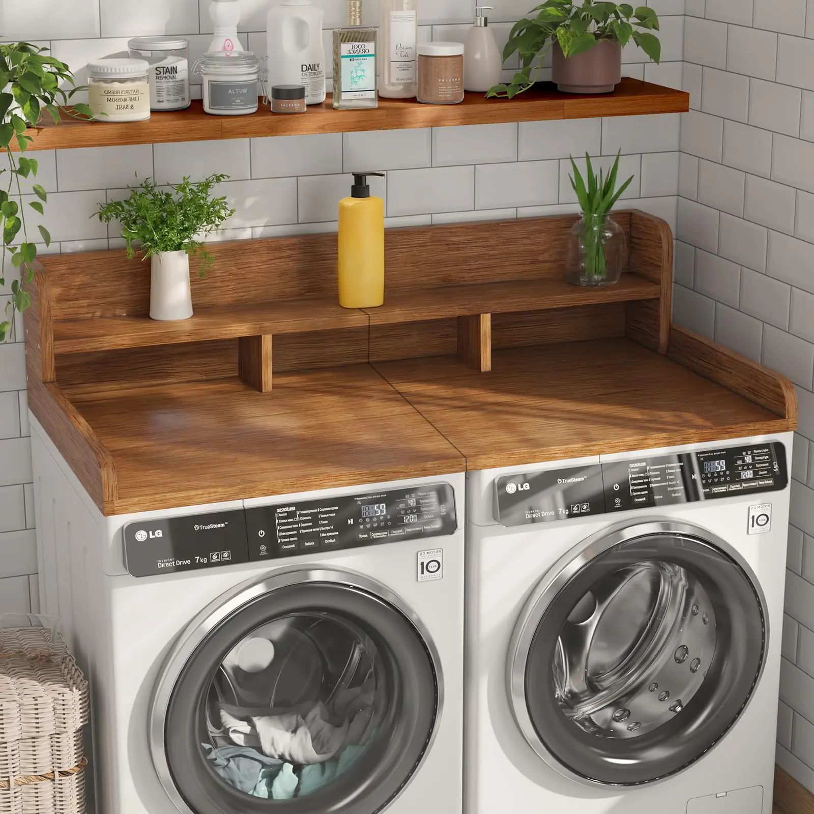 DOMISO Washer Dryer Countertop with Non-slip Pads, Laundry Wood Shelf Topper, Double Layer Organizer for Washer Counter Storage Organization