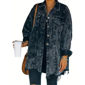 Women's Casual Oversized Corduroy Shacket - Retro Washed Button- Jacket Coat with Frayed Hem, Drop Shoulders, and Flap Pockets for Casual Attire