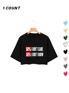 Y2K American Vintage Summer New Round Neck Fashion Versatile Casual Short Hem Belly Show off Gym Wear Top Women, Trendy I Don't Care Print