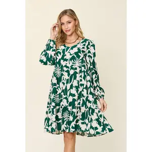 Double Take Full Size Printed Ruffle Hem Dress with Pocket - Green Floral Pattern, Opaque, Regular Fit, Machine Washable