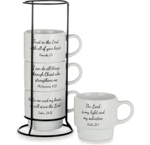 Signature Housewares Stackable Coffee Mug Tower Set with Metal Wire Rack - 15 Ounce Coffee Mugs for Coffee, Tea, Cocoa, Milk, Cappuccino, Hot Chocolate Set of 4 - Inspirational Bible Verses