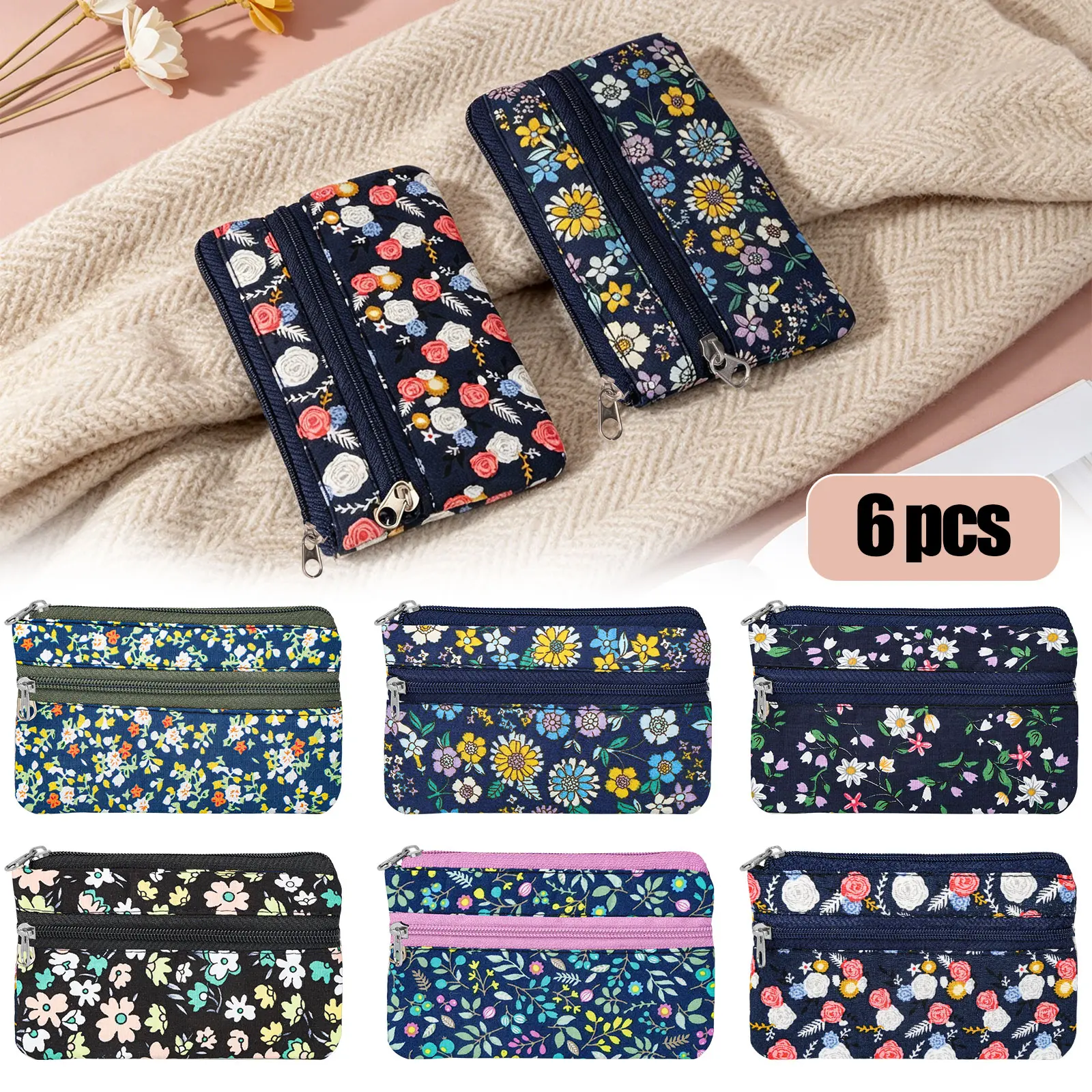 6Pcs Vintage Floral Coin Purses - Multi-Compartment Wallets,Double Zippered Credit Card Holder Wallet,Multi-Functional Handheld Small Bag for Women