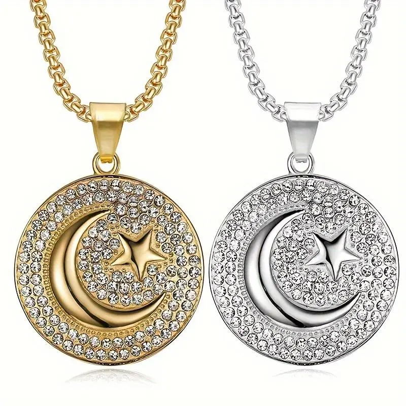 Men's Hip-Hop Layered Metal Chain & Link Necklace with Star, Moon, Studded Flag Disc Pendants - Hip-Hop Look Costume Jewelry for Daily, Evening Wear, Metal Chains, Studded Pendants