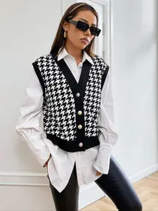 Women's Casual New Season Digital Print Dog Spot Floral V-Neck Open Front Colorblock Vest Jacket, Spring Autumn Outerwear