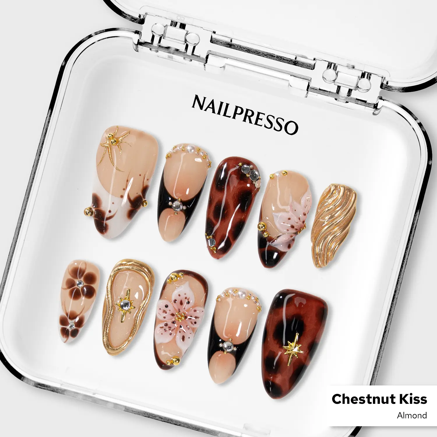 Nailpresso | Chestnut Kiss Almond 100% Handmade 3D Press-On Nails | Reusable Long-Lasting Salon-Quality | Brown Design With Gold And Floral Accents And Tortoise Shell