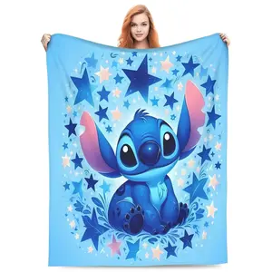 DISNEY CLASSIC Stitch Cartoon Printing Flannel Fleece Throw Blanket for Adults - Soft, Warm Plush with Starry Night Design for Couch, Bed, Camping & Travel
