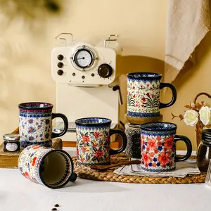 2pcs Hand-Painted Floral Pattern Ceramic Coffee Mugs, Stylish Drinkware, Reusable & Multi-Purpose Tableware, Perfect for Home Office & Daily Use