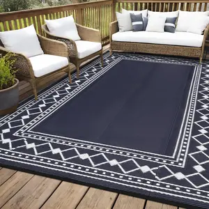 Outdoor Rug, Waterproof Reversible Plastic Straw Rug, Modern Bordered Plastic Straw Outdoor Mat, Large Outdoor Rugs Mats RV, Picnic, Backyard, Balcony, Porch, Beach, Navy/White