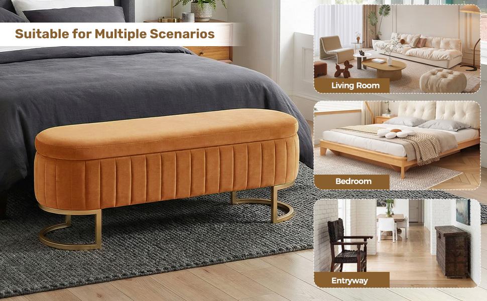 Homeokay 65“ Mid Century Ottoman Storage Bench, Velvet King Size Upholstered Tufted Bed End Bench with Storage for Bedroom Living Room Entryway
