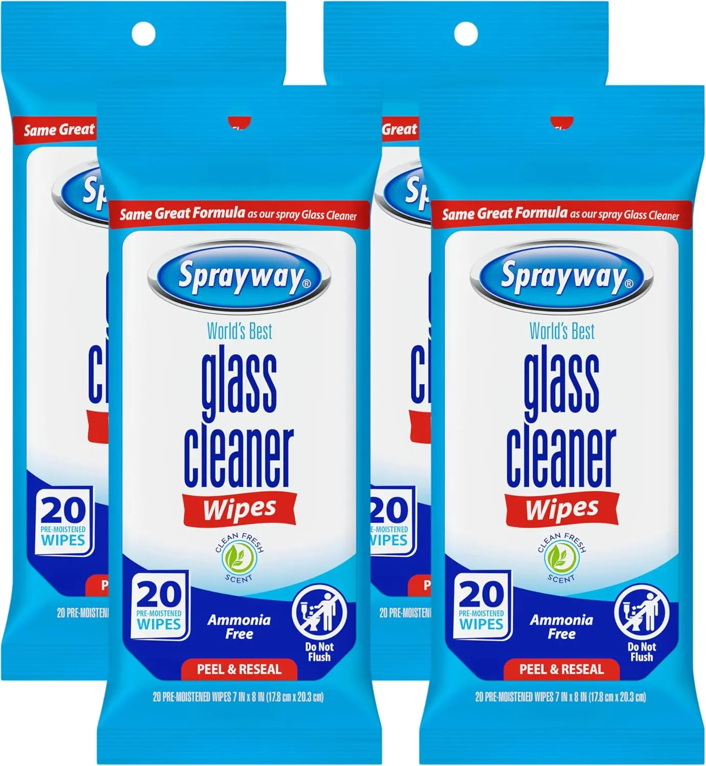 Sprayway World's Best Glass Cleaner Wipes - 20 Pre-Moistened, Ammonia-Free, Peel & Reseal, Fragrance-Free Household Cleaning Wipes