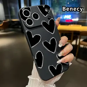 Phone Case Compatible for iPhone 17 Pro Max Air Monochrome Hearts Liquid Silicone TPU Lens Protection Soft Cover for Male