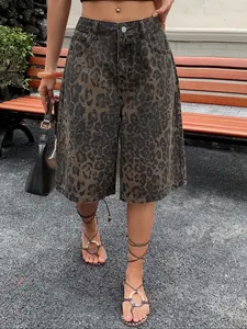 Trendy New Leopard Print Denim Jeans, Fashionable Street Style, Spring Summer Youthful Look, Women's Mid-Calf Jeans, Button Fly Closure