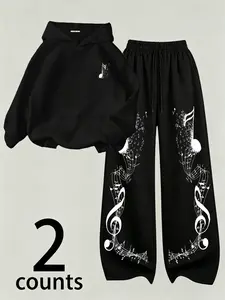 Music Note Print Hoodie Set, Loose Fit Hoodie & Wide Leg Sweatpants, Soft Fabric, Casual Winter Wear, Comfortable Daily