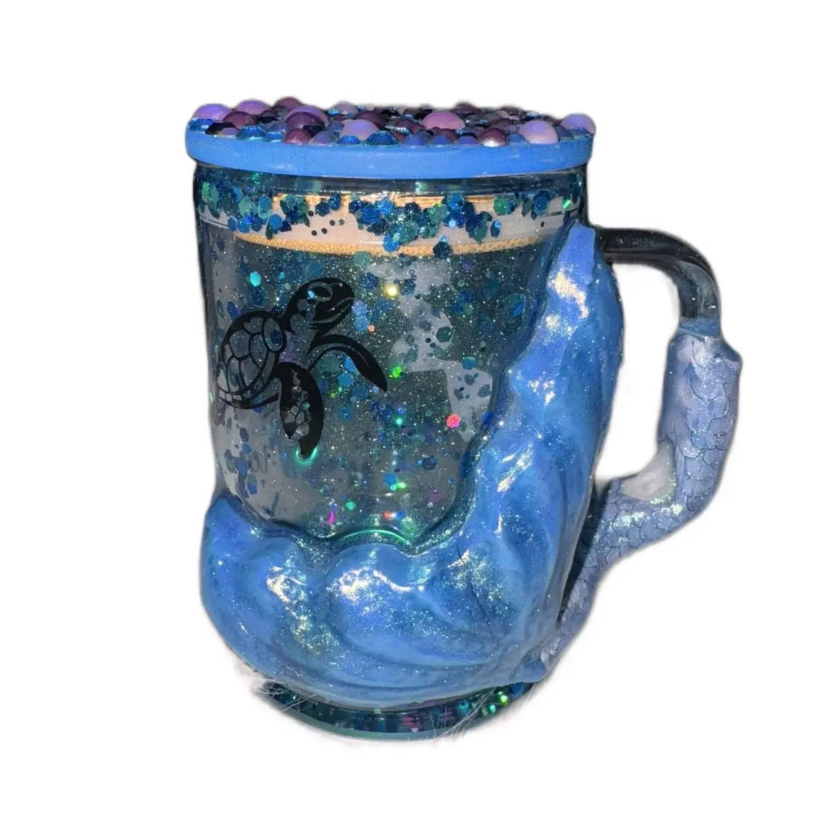 Just For Lookz 15oz Snowglobe Tumbler with 3D Mermaid Tail, Magical Underwater Vibes, Blue Glittery Design - Mug, Drinkware