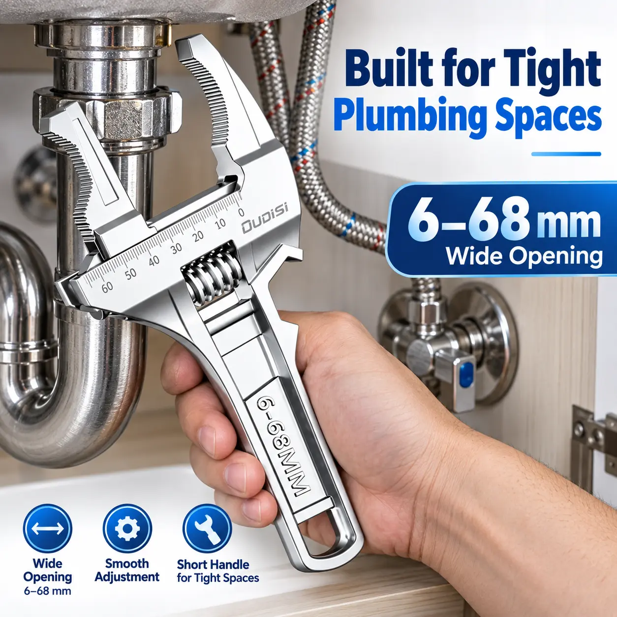OUDISI Adjustable Pipe Wrench - Short Handle, Large Opening, 1-Piece Metal Hand Tool for Plumbing Repair, DIY Home Improvement Projects