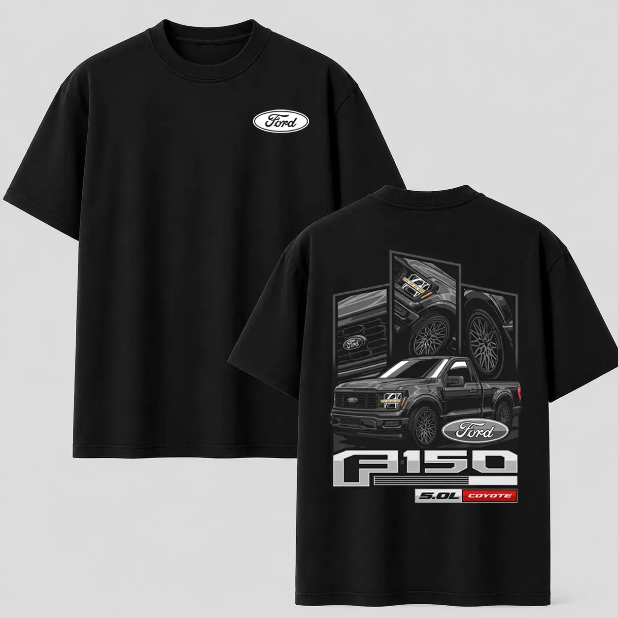 Men's Ford F-150 5.0L Coyote Graphic T-Shirt - Black, Menswear Tops, Classic Casual Short-Sleeve Truck Tee, Shortsleeve, Round Neck