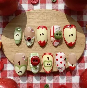 Handmade 3D Apple Press On Nails, Red and Green Kawaii Fruit Design, French Tips Polka Dot Retro Nail Set, Specical Gift for Teens