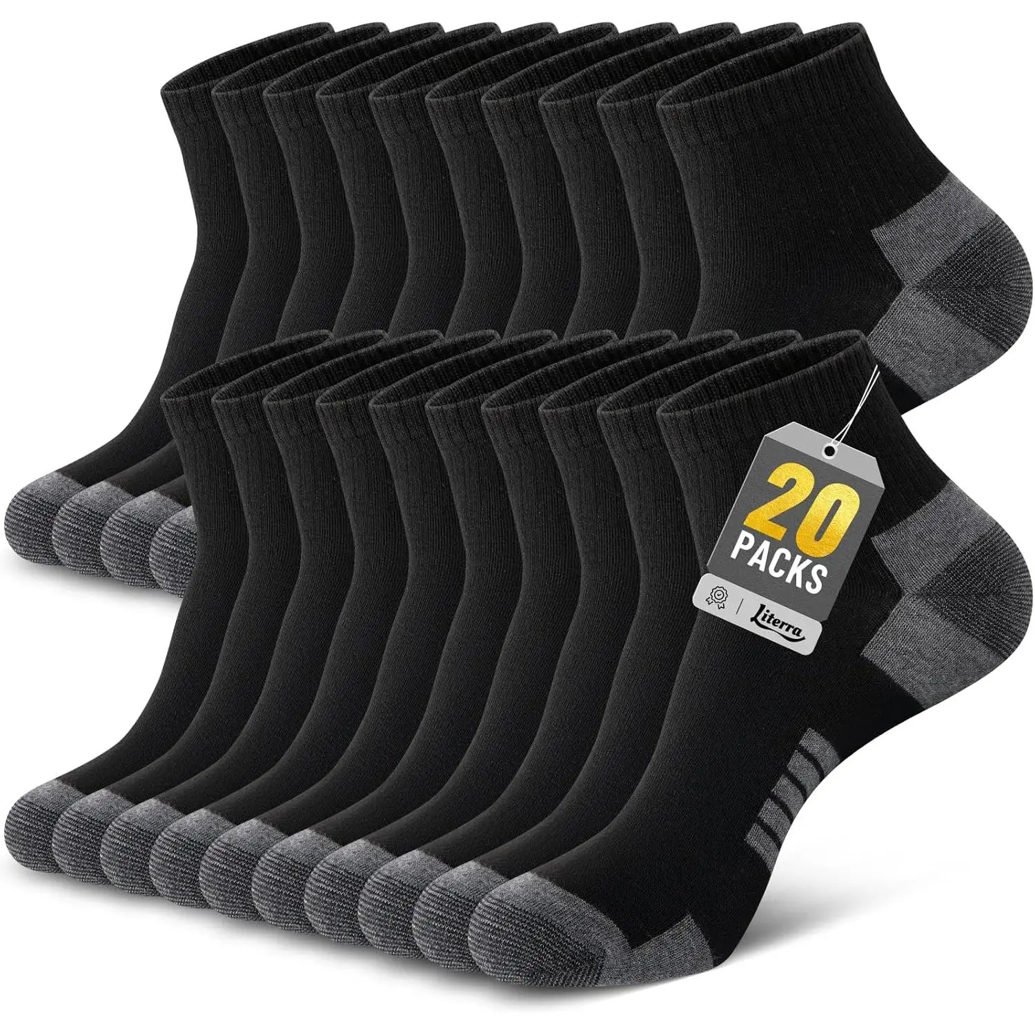 20 Pairs Mens Ankle Socks, Thin Breathable Black Socks for Men Size 10-13 13-15, Lightweight Athletic Quarter Socks