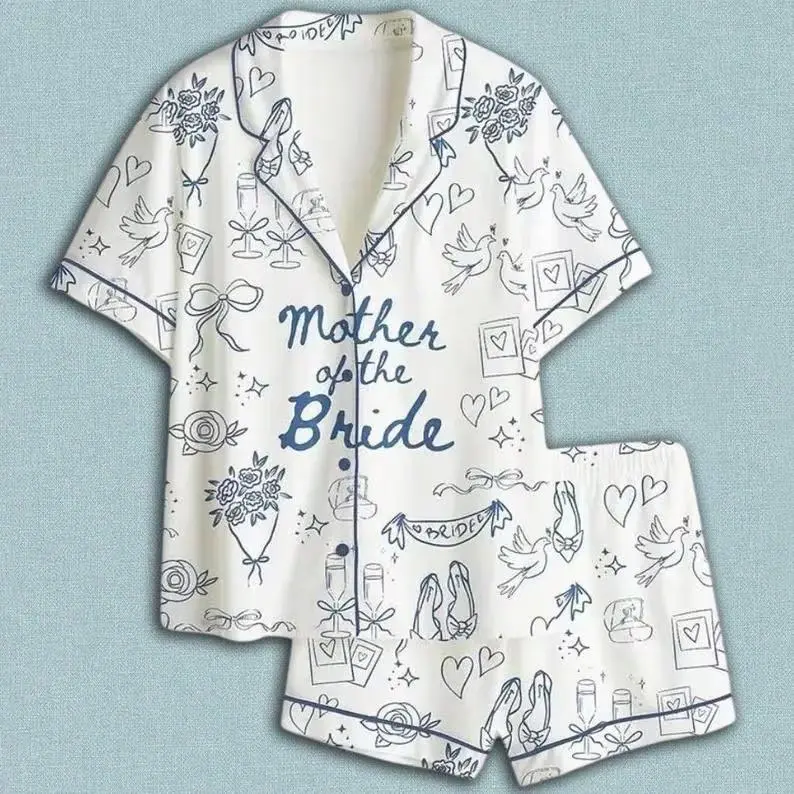 Mother of the Bride Pajama Set Women 2PC Satin Loose Comfy Dove Rose Bouquet Champagne Heart Print Wedding Party Summer Sleepwear Shorts Bridal Gift