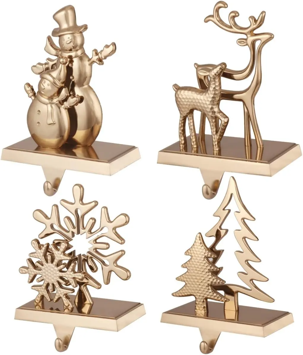 4pcs Christmas Stocking Holders for Mantel, Snowman Stocking Hangers Snowflakes Stocking Holders Christmas Tree Xmas Deer Stocking Hooks for Fireplace Mantle as Xmas Decoration