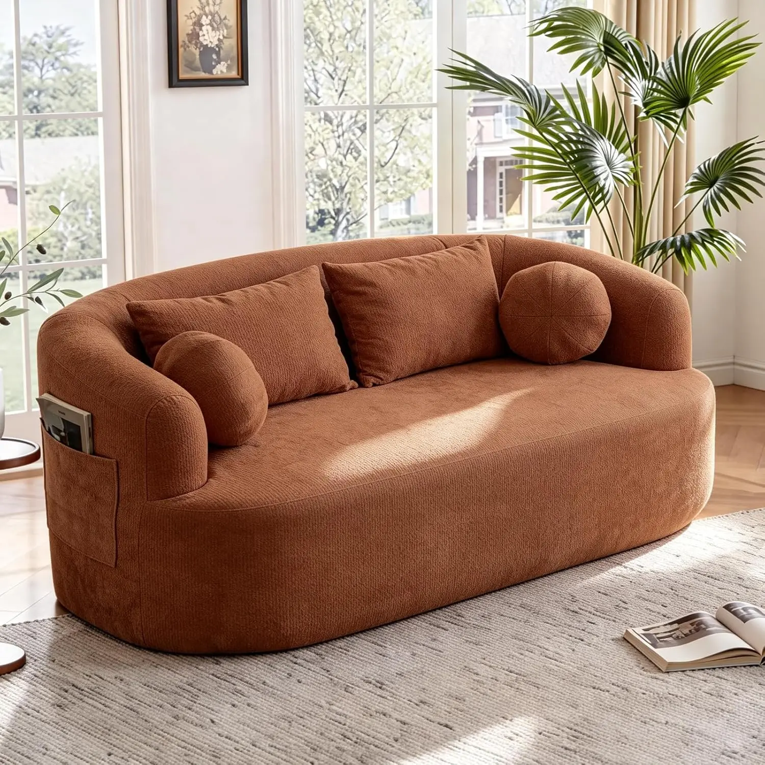 Loveseat Sofa for Small Space, 67.3" Boneless Loveseat Sofa with Side Pocket & 4 Pillows, Foam and Spring Filling, Soft Chenille for Living Room, Apartment, Bedroom, No Assembly, Orange