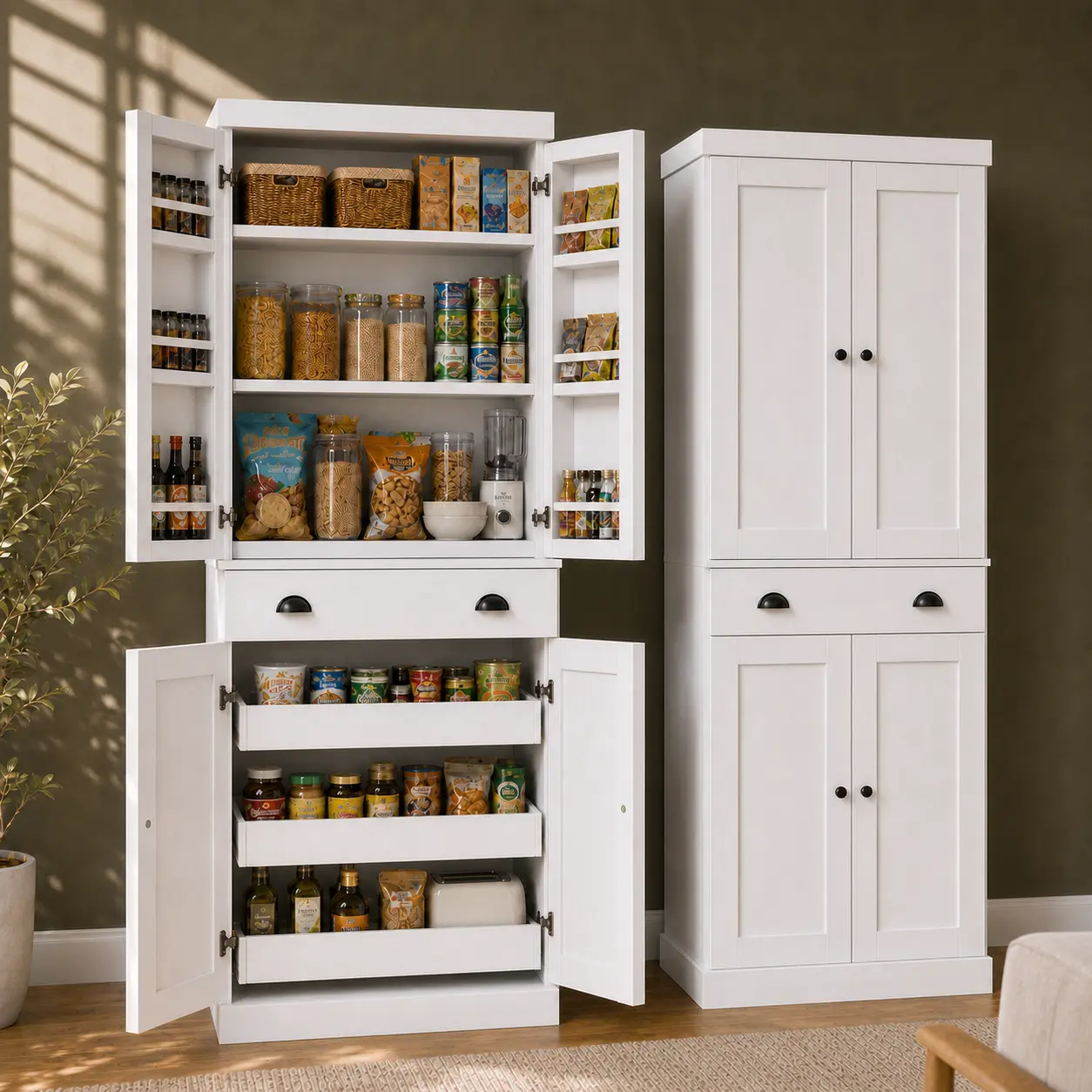 (2 Packages Shipping) IRONCK 72" Freestanding Kitchen Storage Cabinet, Modern Space-Saving Indoor Furniture with Drawer, Sliding Storage Rack, 6 Hanging Shelves, Included Hardware, Storage Cabinets,dorm essentials,home decor