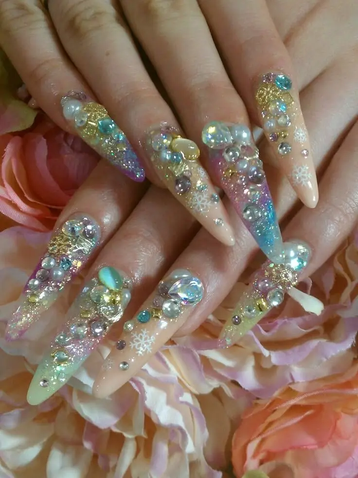 Press On Nails   Luxury Pastel Rainbow Ombre Fake Nails, Bling 3D Pearls Crystals & Snowflake Ocean Charm Glossy False Nails Set