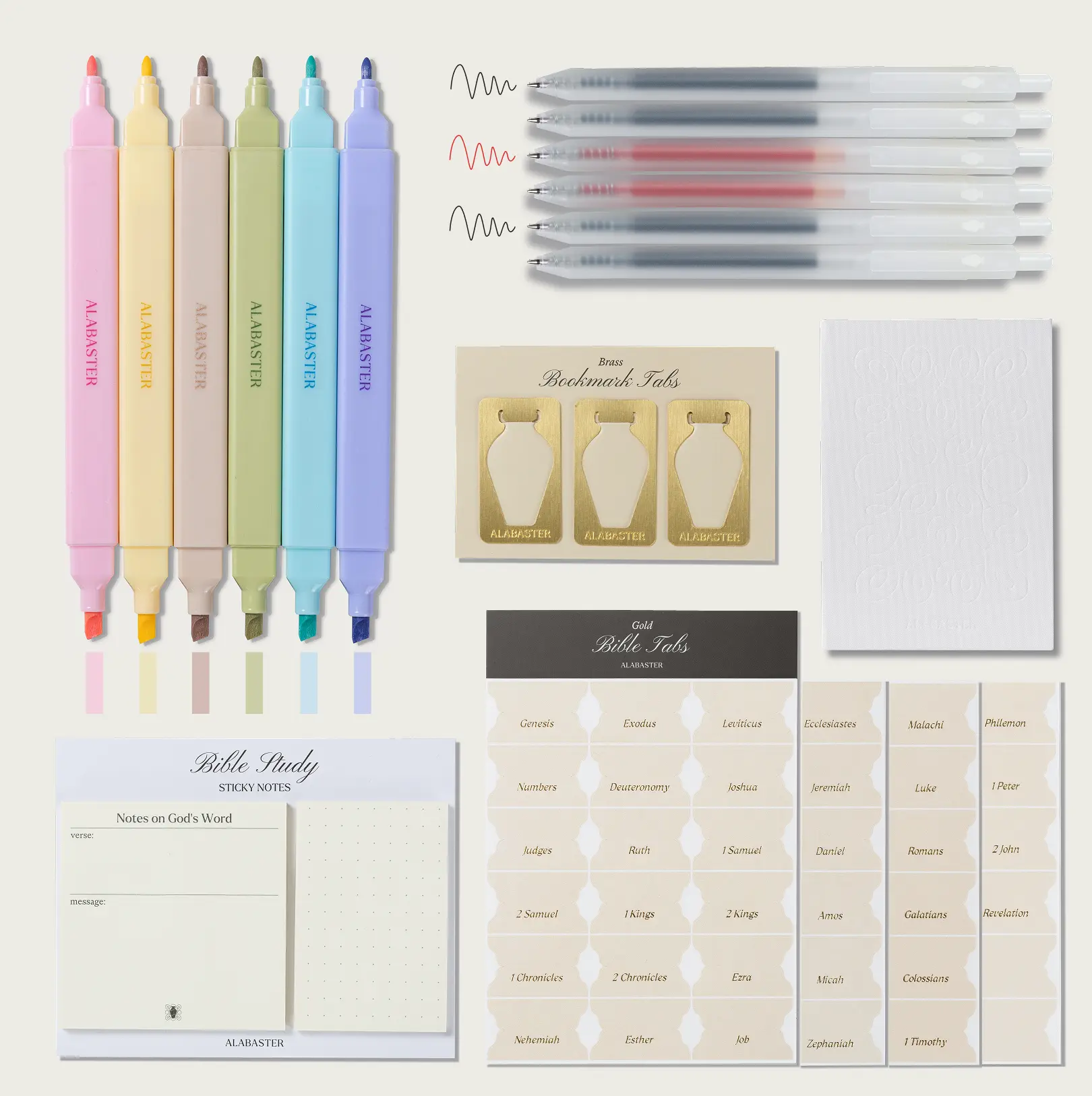 Alabaster Bible Study Journaling Supplies Kit - Pink/Beige with Notebook, Bible Tabs, Bookmark Tabs, Sticky Notes, Highlighters, Gel Pens, and Carrying Pouch
