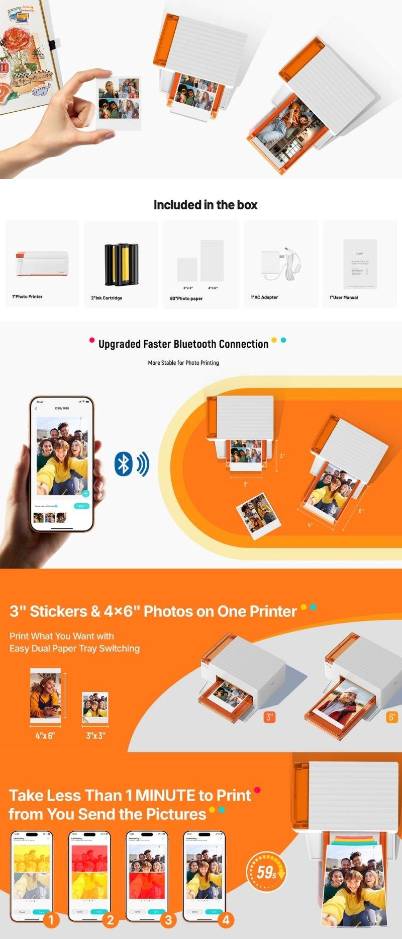 Liene Amber M110 Instant Bluetooth Photo Printer 80 Sheets, Photo Printer for iPhone, Thermal Dye Sublimation, Picture Printer 60 Sheets 4x6 Paper & 20 Sheets 3" Square Sticker Paper & 2 Cartridges, New Drops Liene Amber M110 Instant Bluetooth Photo Printer 80 Sheets, Photo Printer for iPhone, Thermal Dye Sublimation, Picture Printer 60 Sheets 4x6 Paper & 20 Sheets 3" Square Sticker Paper & 2 Cartridges, New Drops