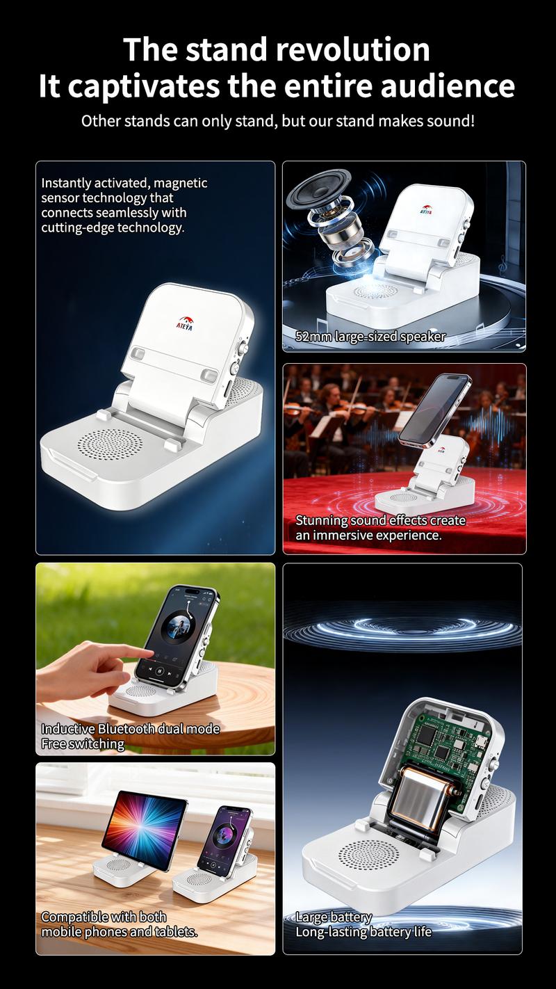 ATEYA Portable Induction speaker | Optional Bluetooth connectivity | Portable Mobile phone holder | Supports connecting two devices simultaneously | Four-in-one speaker.