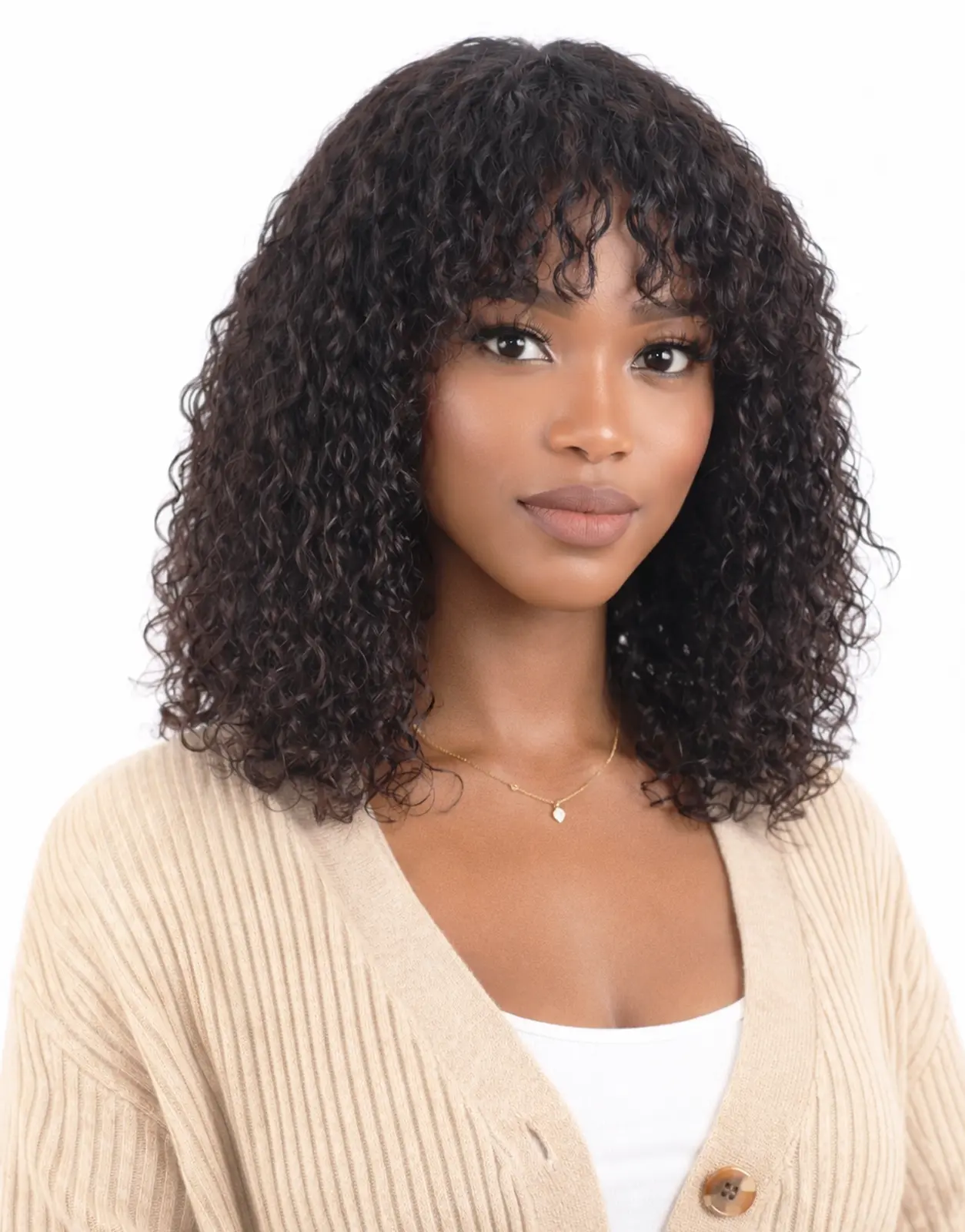 Female  Glueless No-Lace Short Kinky Curly Bob Wig with Bangs, 180% Density Brazilian Virgin Human Hair, Versatile Heat-Resistant Wear & Go Wig