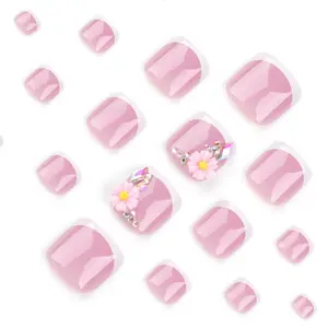 Glossy False Toenail Set, 24pcs/set Flower Decor Short Square Fake Toenail & Tape & Nail File for Women & Girls DIY Nail Art