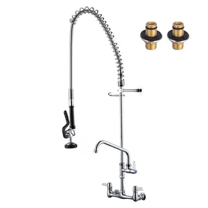 WOWOW Durable Multi-Purpose Commercial Kitchen Sink Combo with High Arc Wall-Mount Faucet, 47" Height, 8" Center, Faucet Sprayer Attachment, 12" Add-On Swing Spout, Chrome Finish