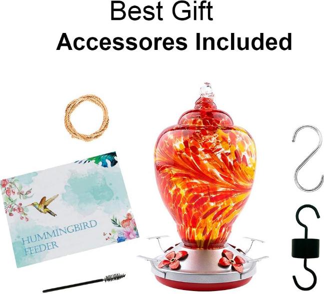 ennvaofficial outdoor garden large hummingbird feeder, 32-ounce colorful hand-blown glass hummingbird feeder, equipped with an anti-ant guard, hanging hook, rope, brush, and service card (red)