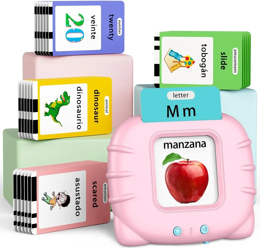 KIDGENIUS Bilingual Talking Flash Cards - Spanish-English, Spanish Vocabulary Flashcards, Word Cards, Talking Flashcards ABC for Preschool-Kindergarten Homeschool Speech Therapy Language Development Educational Toy