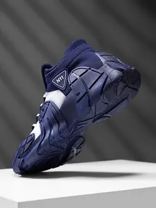 Men's Blue-White Mecha High-Top Chunky Sneakers, Cool Techwear Style, 3D Mecha Sole + Sock-Fit Upper + Triangle Logo, Unique Style, Light Cushioned Fit , Ideal for Daily Commuting & Street Wear Scenarios