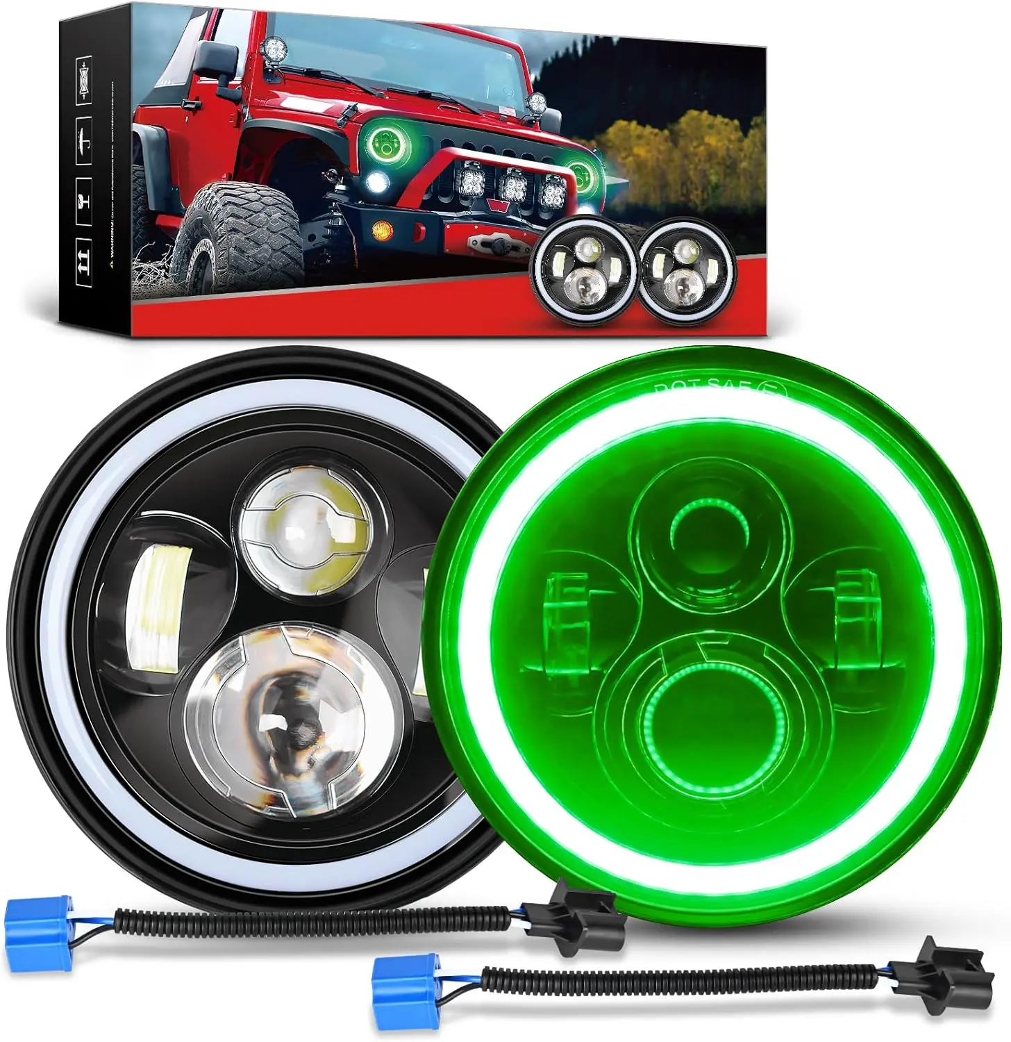 Nilight 2pcs 7in Round LED Headlight Kit - Motorcycle Headlights, High Brightness, IP67 Rating, Amber Turn Signals, Green DRL, High-Low Beam, OEM Housing, Plug-and-Play, Fit for 2007-2018 Wrangler JK JKU, 1981-1985 CJ-8 Scrambler, Night Driving